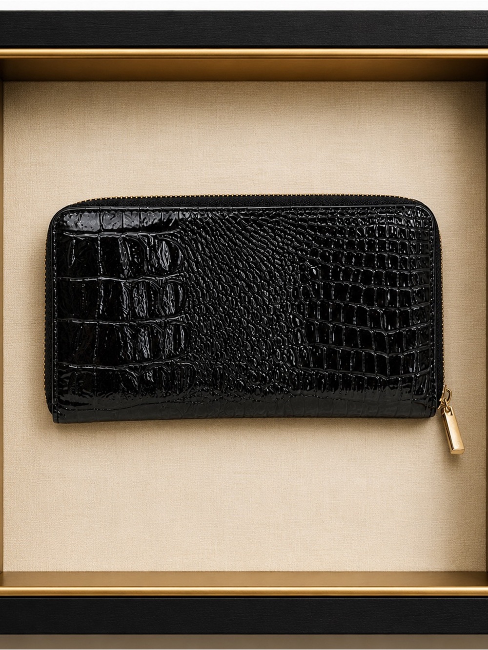 Anne Klein Black Croc-Embossed Patent Zip Pouch